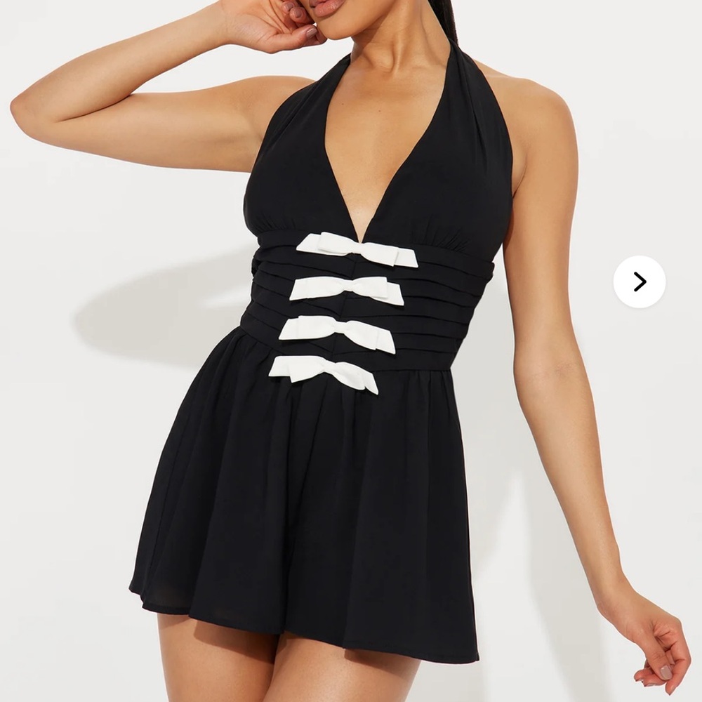 Black Halter Dress with White Bow Accents Romper